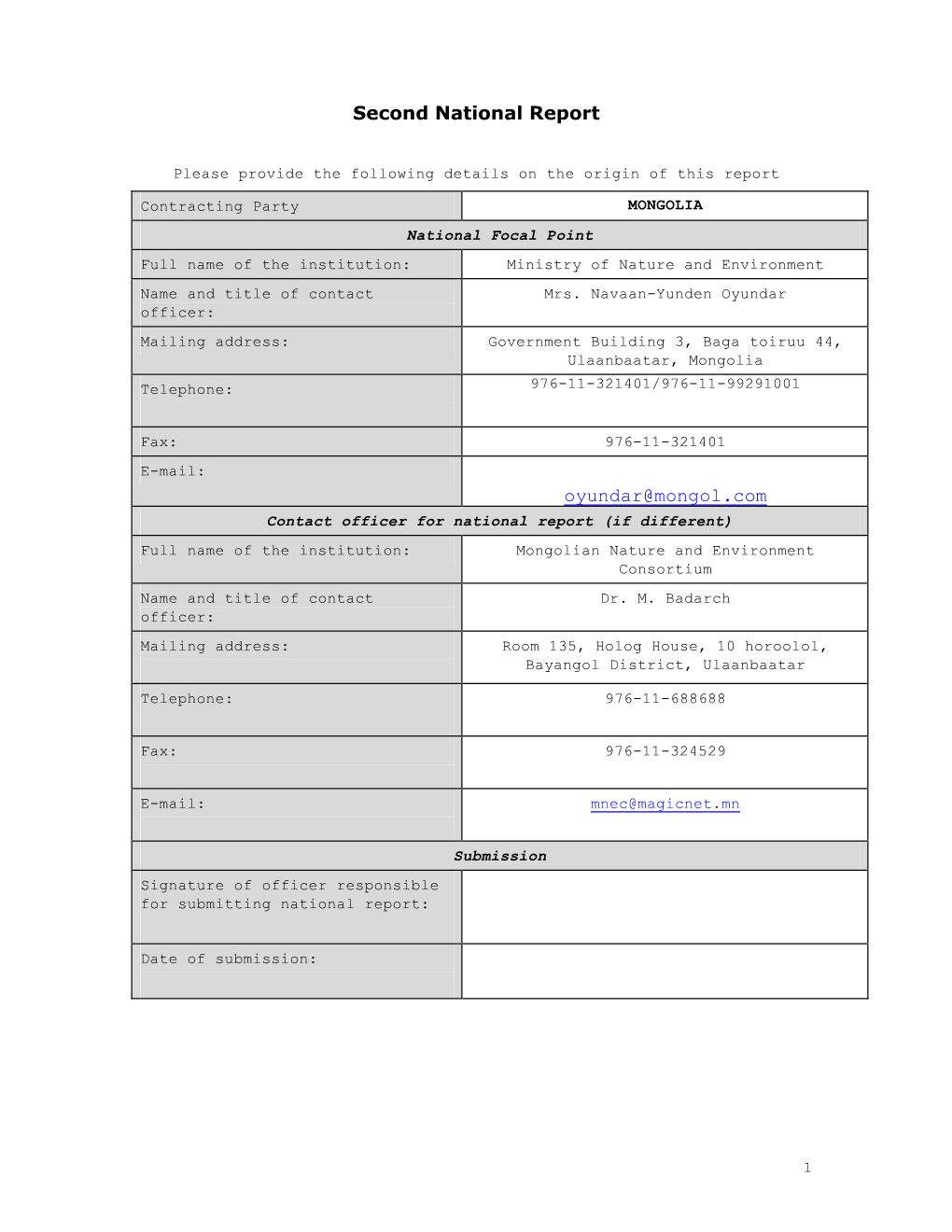 MONGOLIA National Focal Point Full Name of the Institution: Ministry of Nature and Environment Name and Title of Contact Mrs
