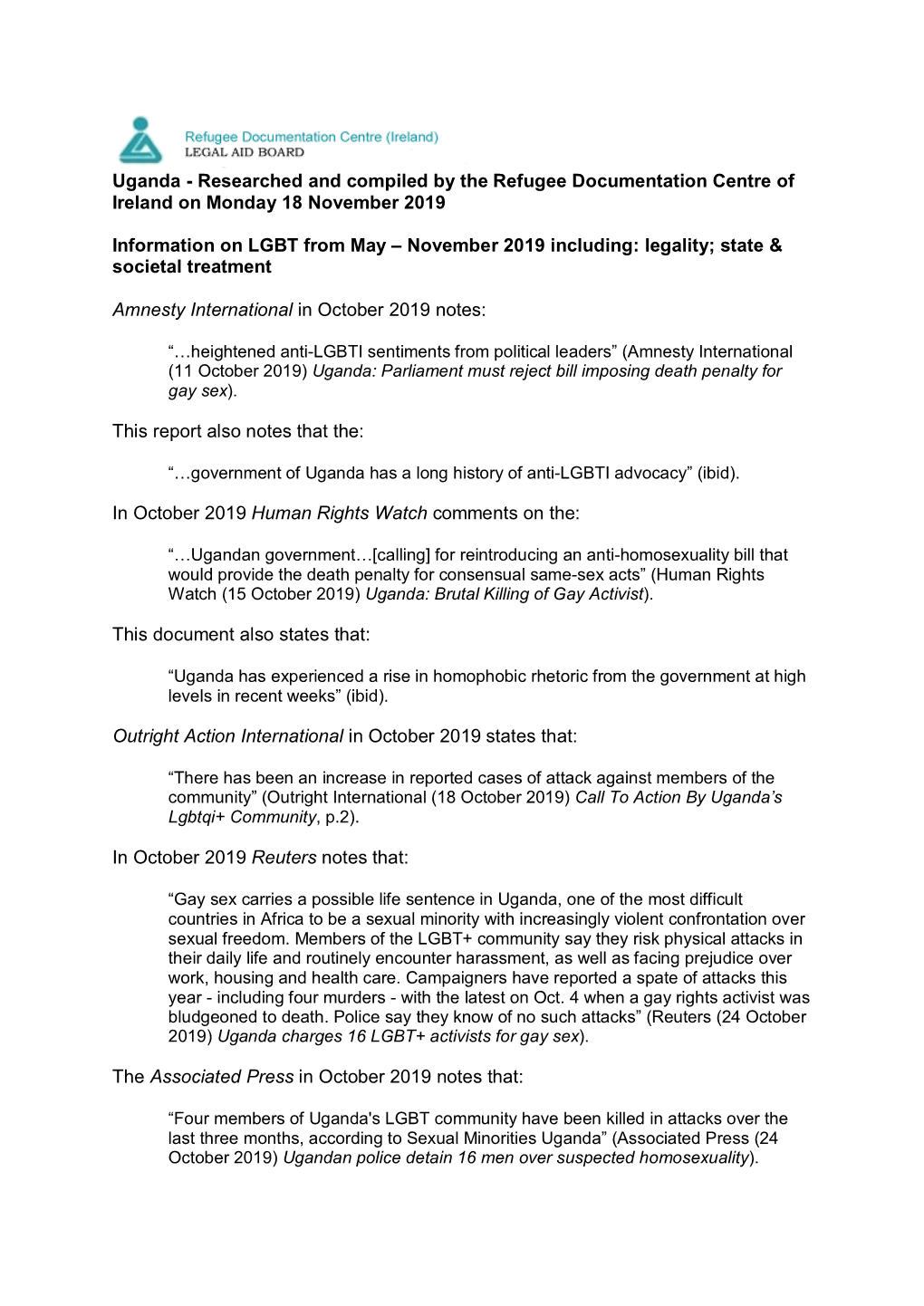 Uganda - Researched and Compiled by the Refugee Documentation Centre of Ireland on Monday 18 November 2019