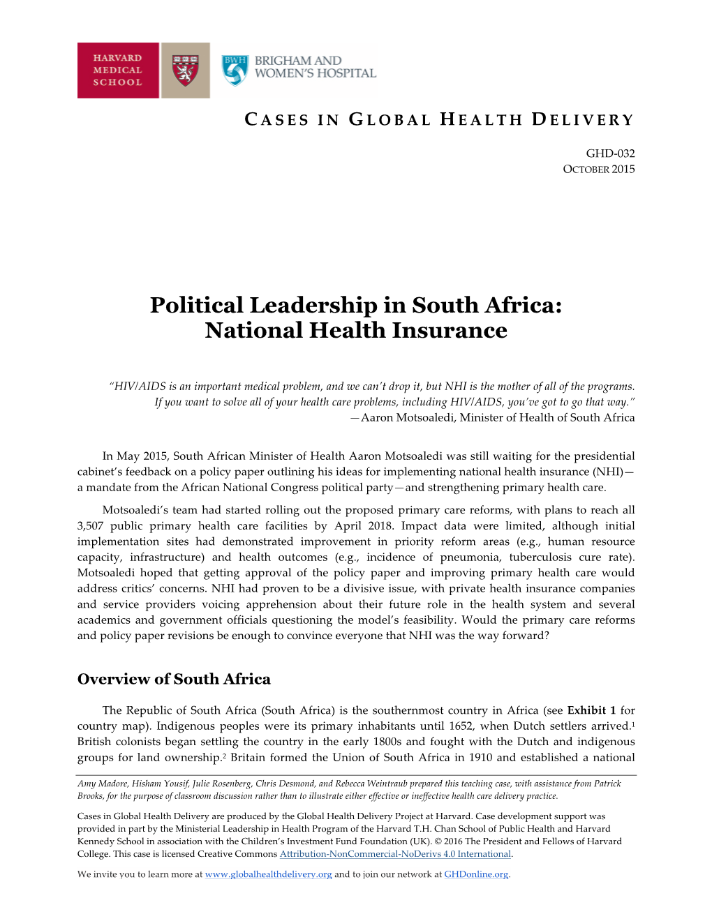 Political Leadership in South Africa: National Health Insurance