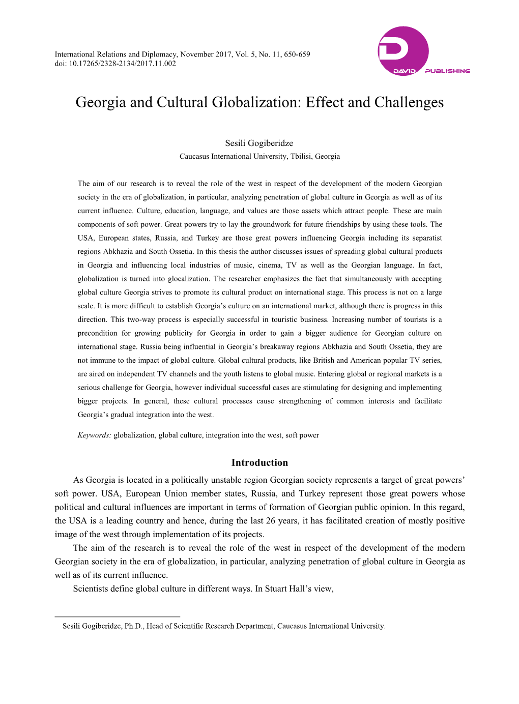 Georgia and Cultural Globalization: Effect and Challenges