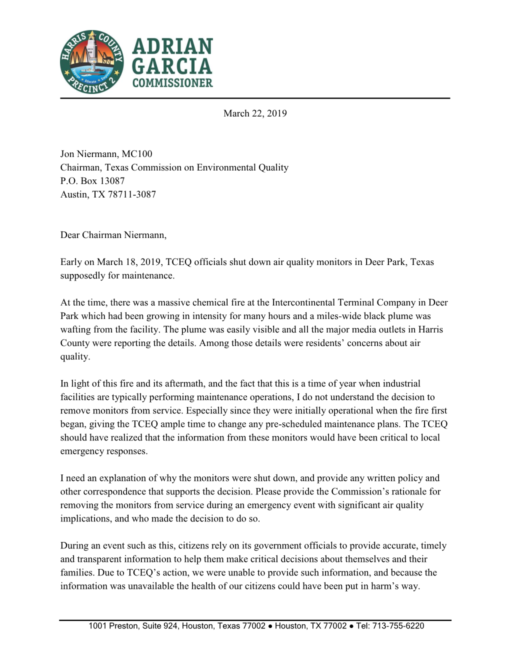 Letter from Harris County Commissioner Adrian Garcia