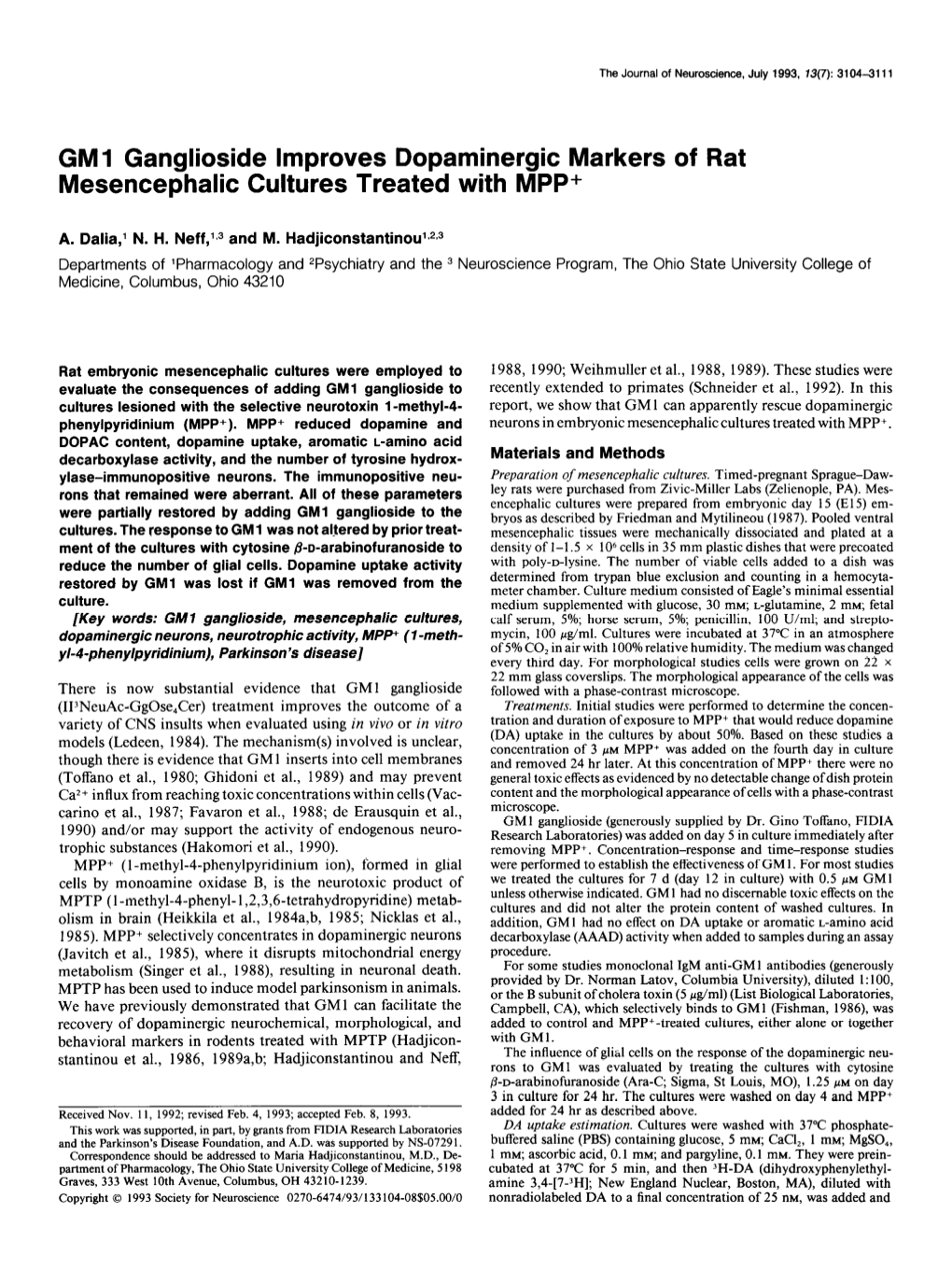 GM1 Ganglioside Improves Dopaminergic Markers of Rat Mesencephalic Cultures Treated with MPP+