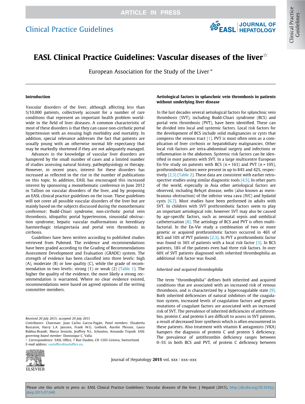EASL Clinical Practice Guidelines: Vascular Diseases of the Liverq