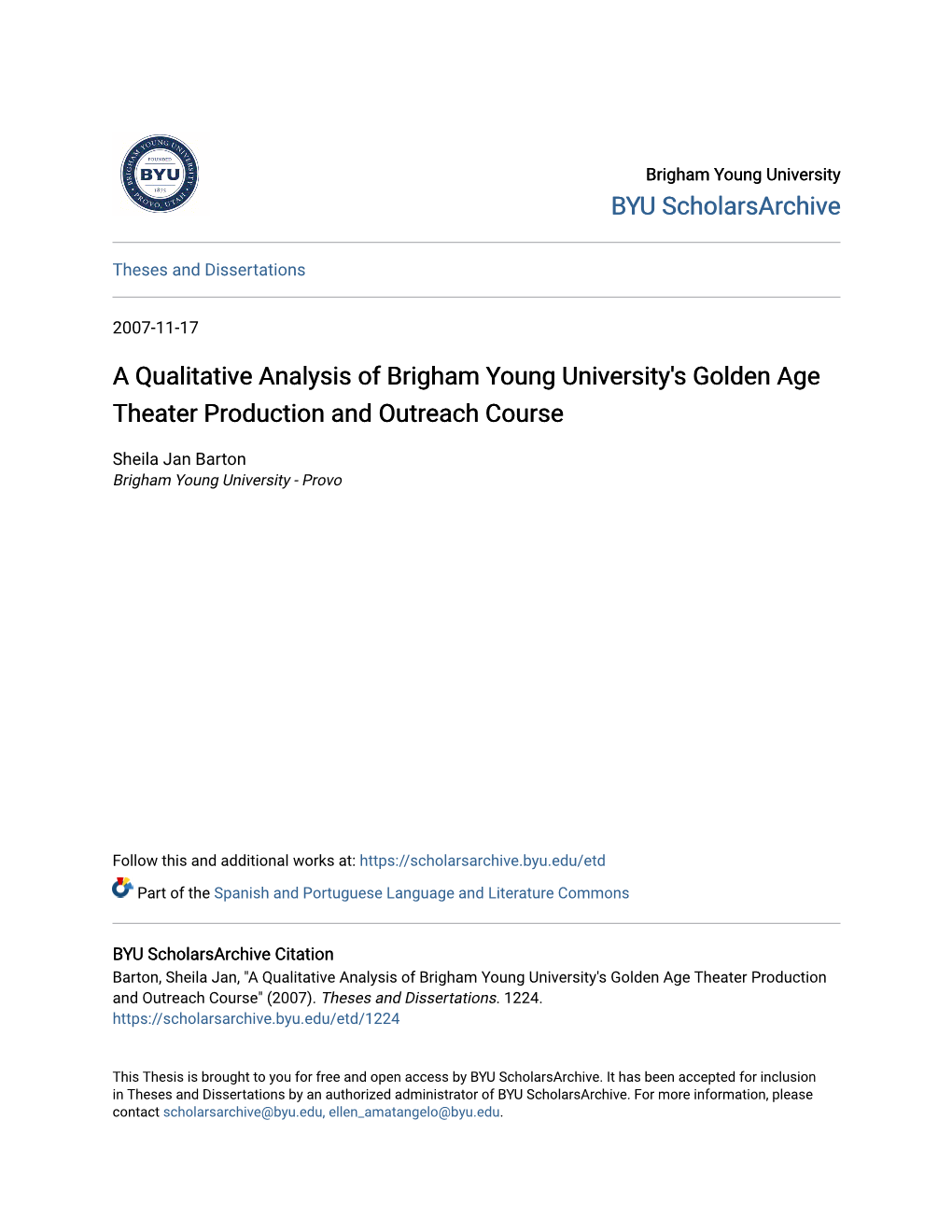 A Qualitative Analysis of Brigham Young University's Golden Age Theater Production and Outreach Course