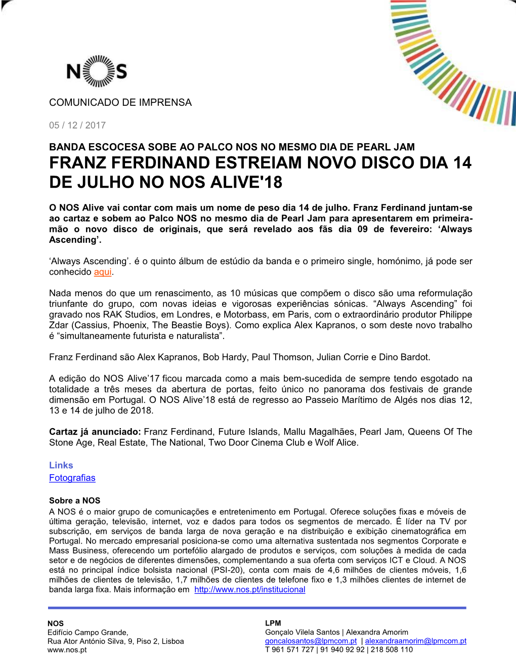 Franz Ferdinand Estreiam Novo Disco Dia 14 De Julho No Nos Alive'18