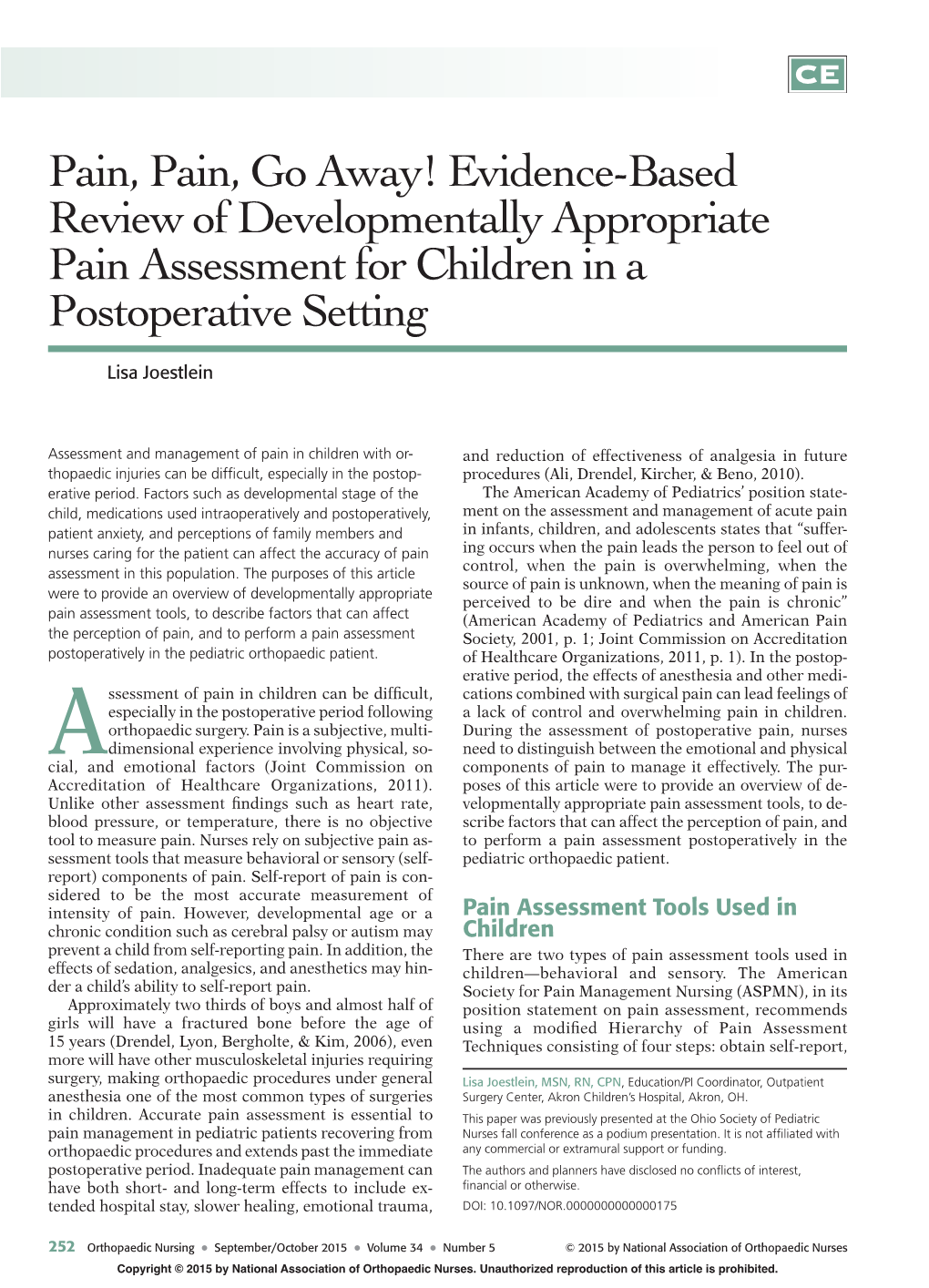 Evidence-Based Review of Developmentally Appropriate Pain Assessment for Children in a Postoperative Setting