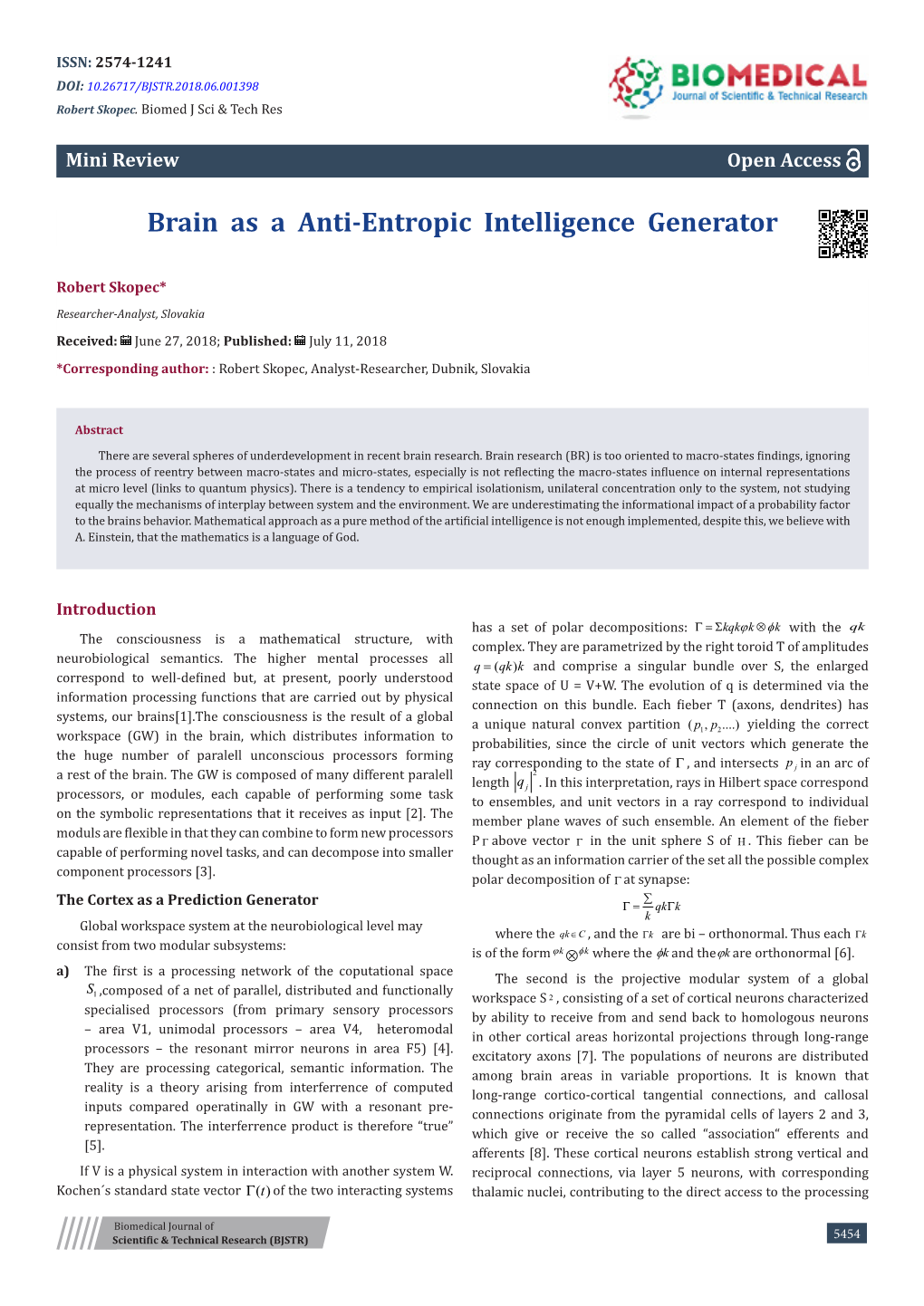 Brain As a Anti-Entropic Intelligence Generator