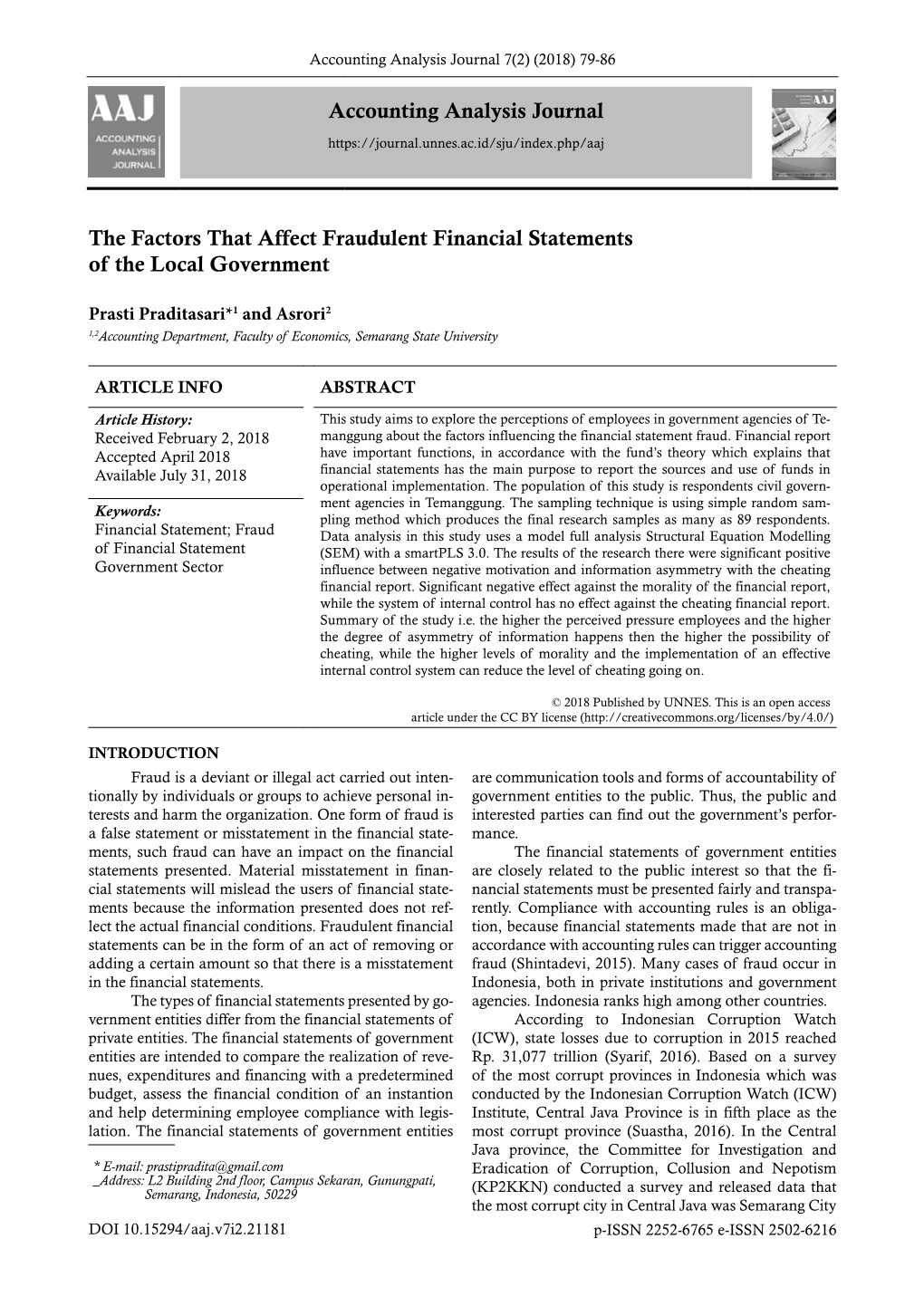 Accounting Analysis Journal the Factors That Affect Fraudulent