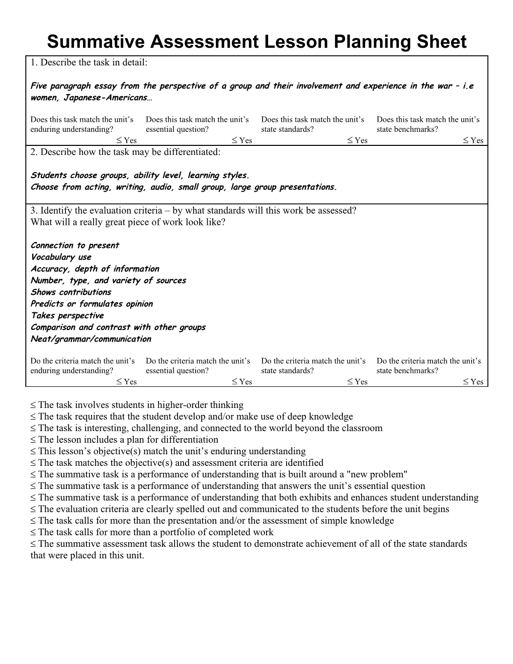 Summative Assessment Lesson Planning Sheet s1