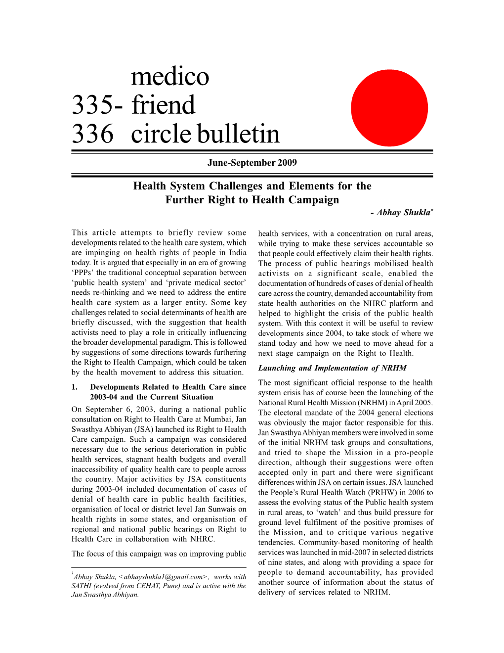 Medico 335- Friend 336 Circle Bulletin June-September 2009