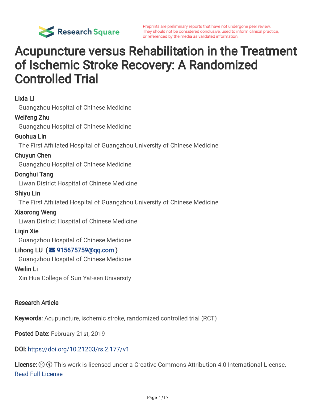 Acupuncture Versus Rehabilitation in the Treatment of Ischemic Stroke Recovery: a Randomized Controlled Trial