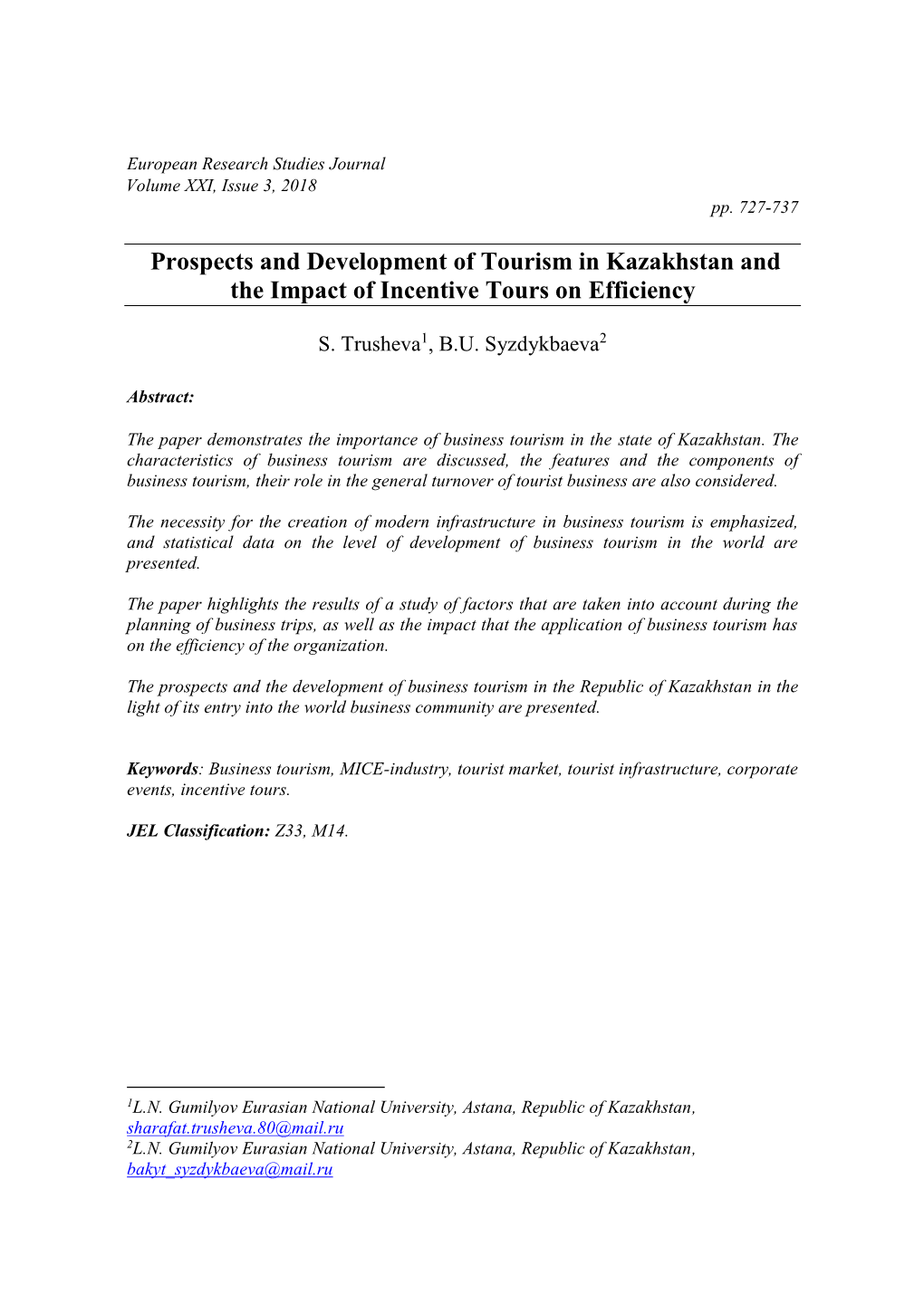 Prospects and Development of Tourism in Kazakhstan and the Impact of Incentive Tours on Efficiency