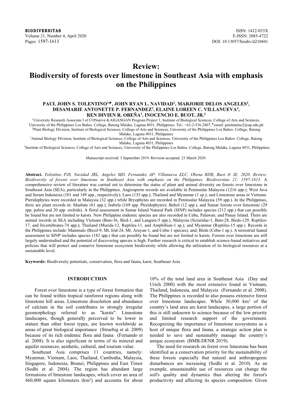 Biodiversity of Forests Over Limestone in Southeast Asia with Emphasis on the Philippines