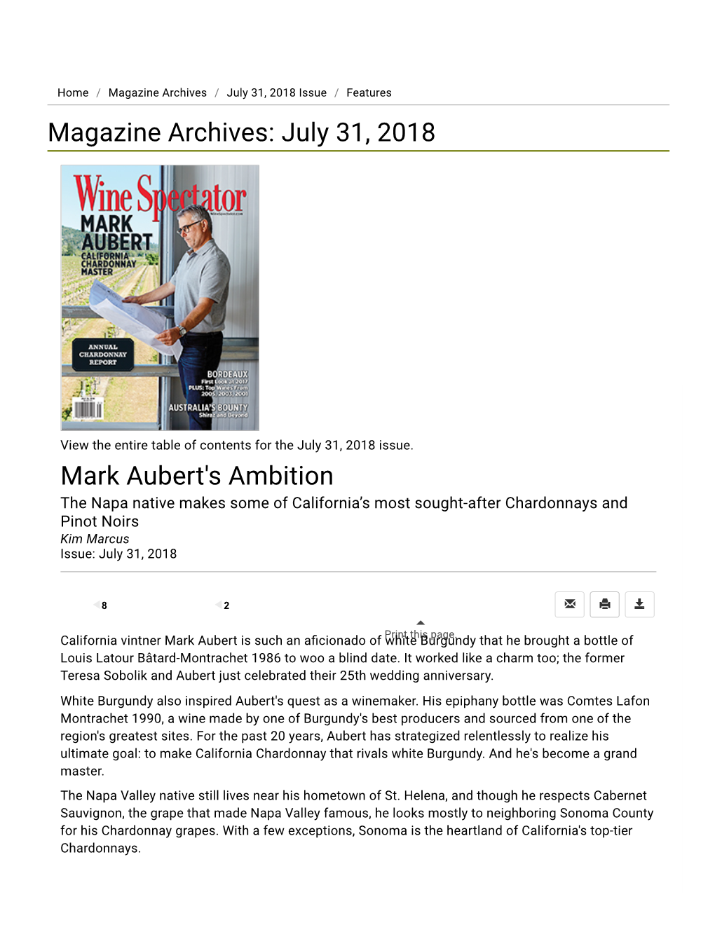 Mark Aubert's Ambition the Napa Native Makes Some of California’S Most Sought-After Chardonnays and Pinot Noirs Kim Marcus Issue: July 31, 2018