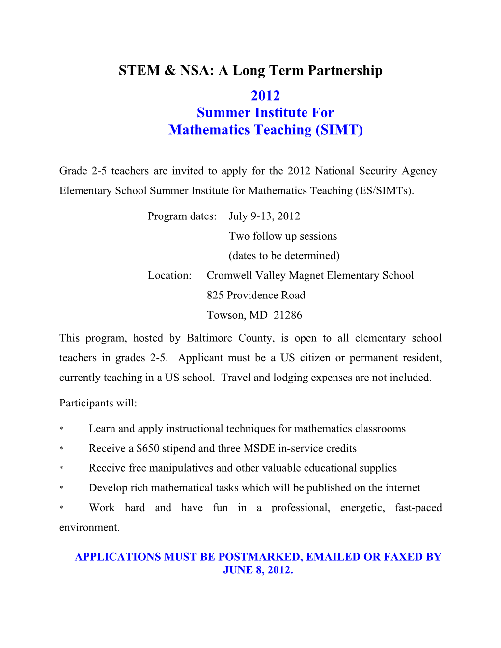 Grade 2-5 Teachers Are Invited To Apply For The 2006 National Security Agency