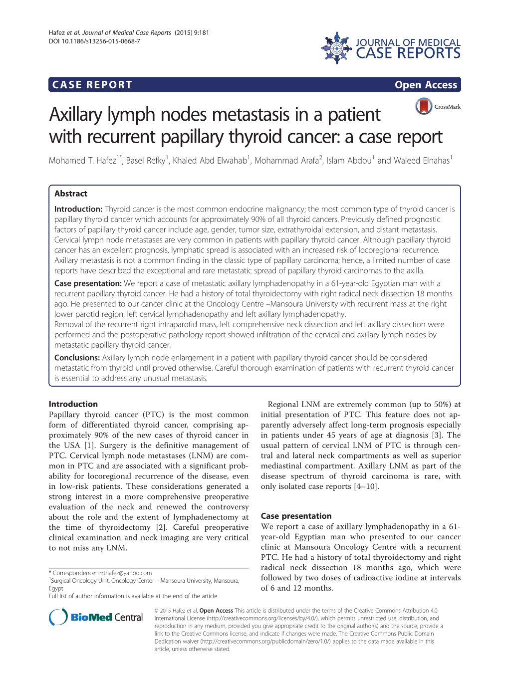 Axillary Lymph Nodes Metastasis in a Patient with Recurrent Papillary Thyroid Cancer: a Case Report Mohamed T