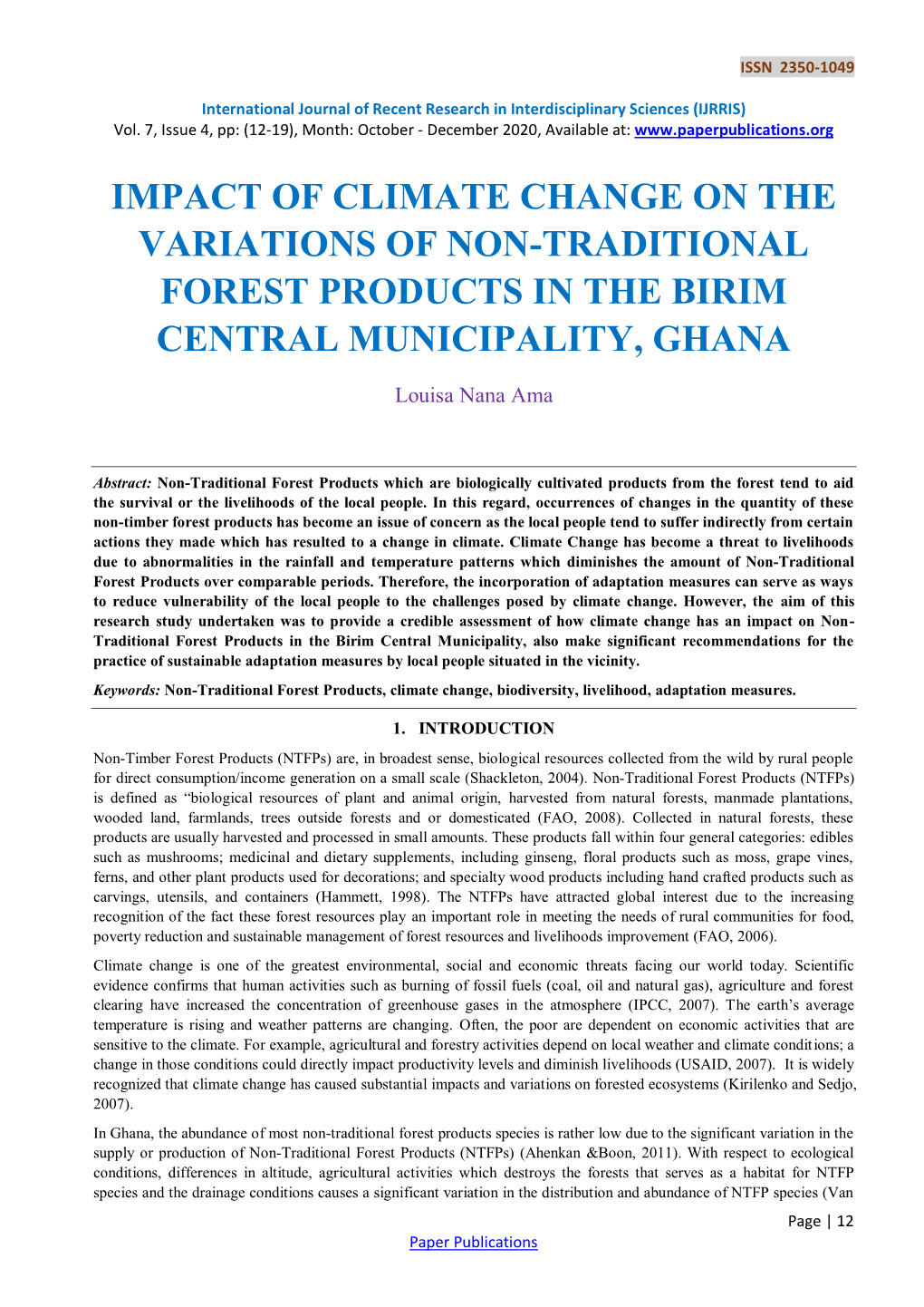 Impact of Climate Change on the Variations of Non-Traditional Forest Products in the Birim Central Municipality, Ghana
