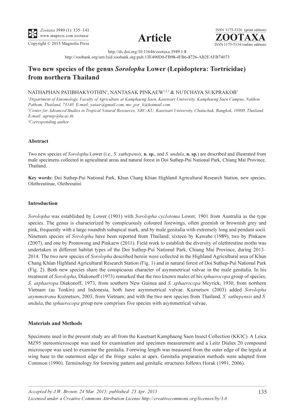 Two New Species of the Genus Sorolopha Lower (Lepidoptera: Tortricidae) from Northern Thailand