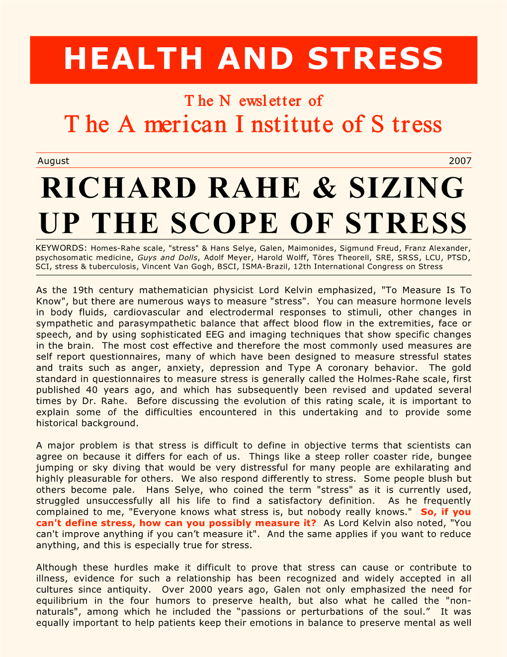 Richard Rahe & Sizing up the Scope of Stress