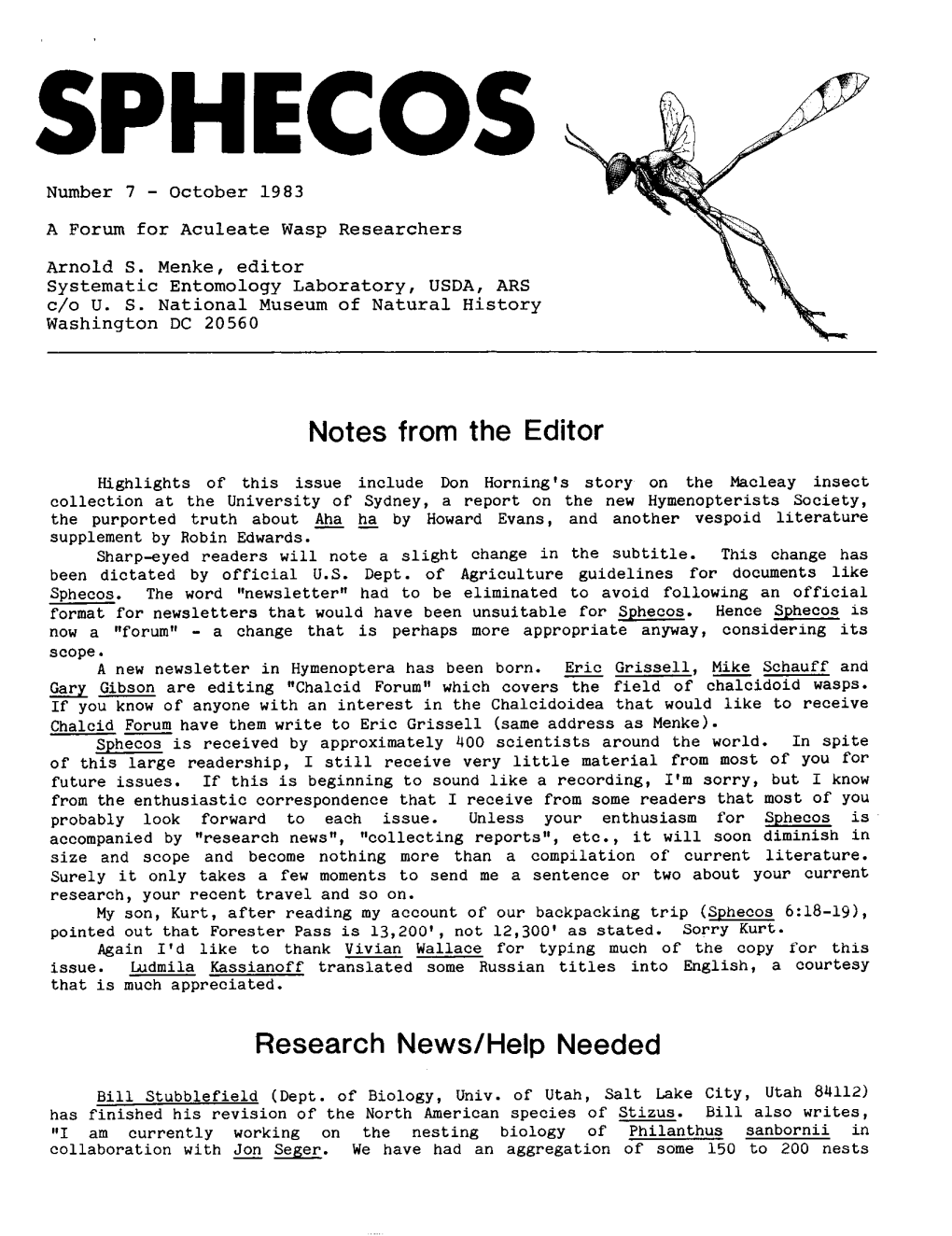 Sphecos: a Forum for Aculeate Wasp Researchers