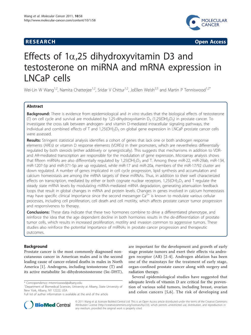 Effects of 1A,25 Dihydroxyvitamin D3 and Testosterone on Mirna and Mrna Expression in Lncap Cells