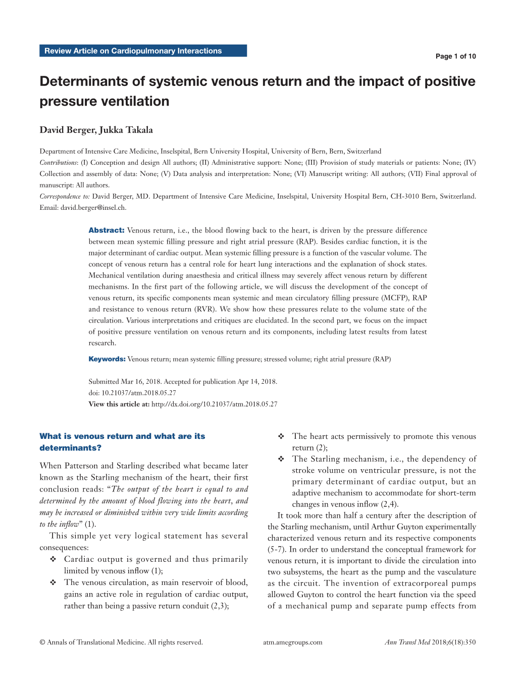 Determinants of Systemic Venous Return and the Impact of Positive Pressure Ventilation