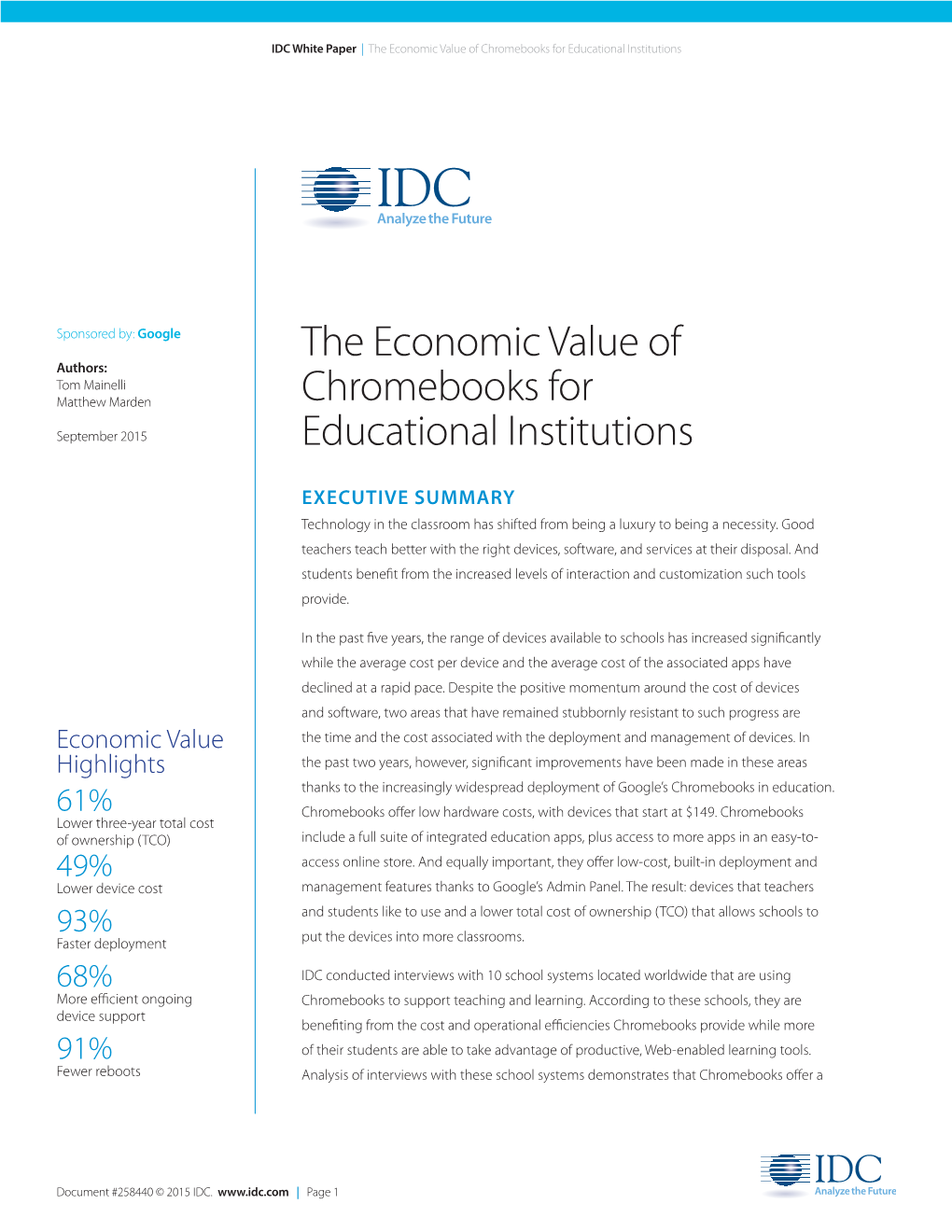 The Economic Value of Chromebooks for Educational Institutions