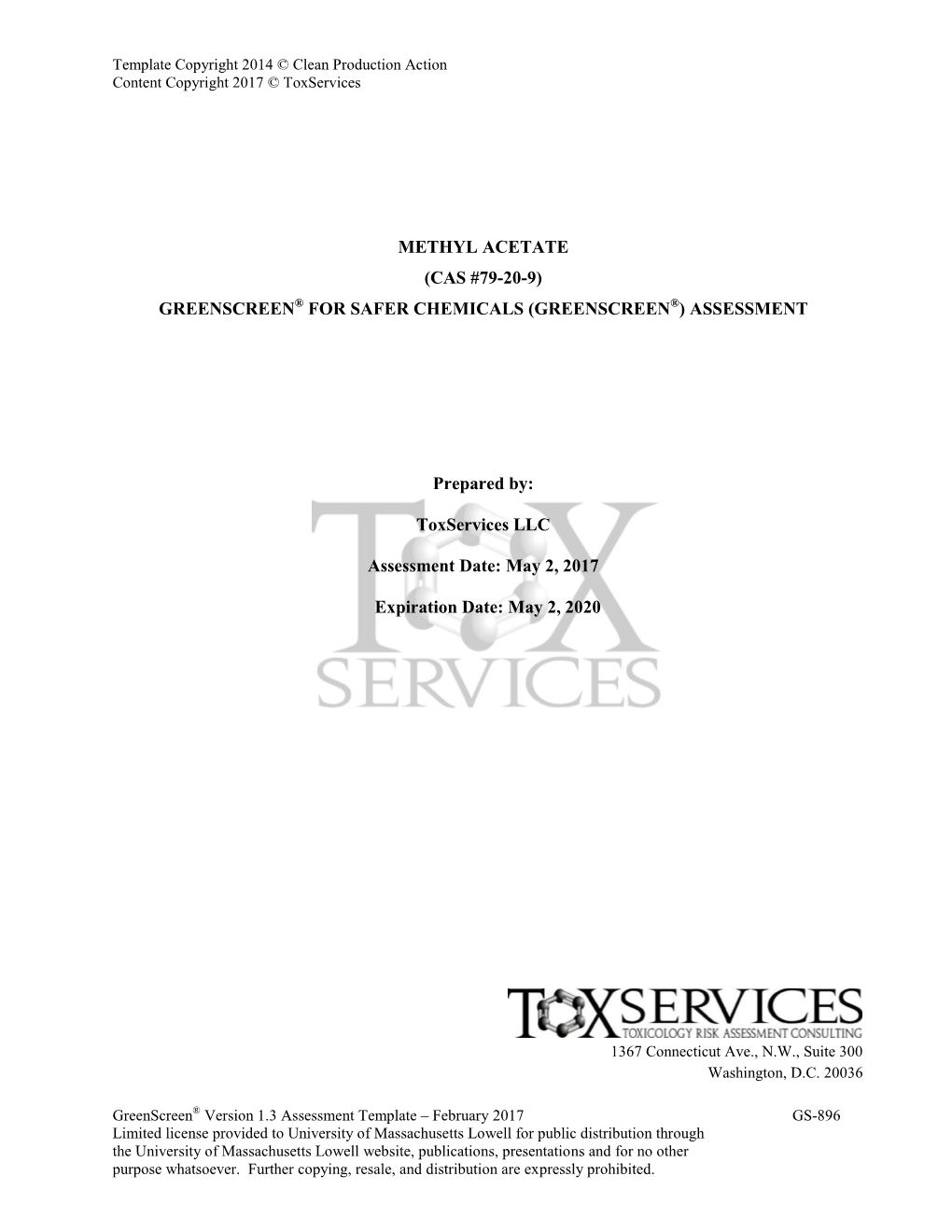 Methyl Acetate (Cas #79-20-9) Greenscreen® for Safer Chemicals (Greenscreen®) Assessment