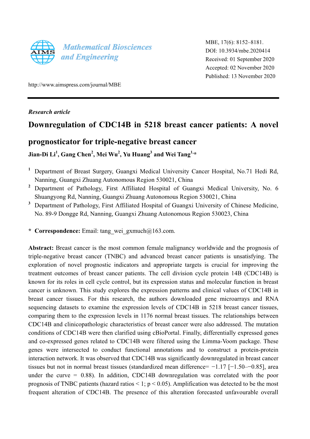 Downregulation of CDC14B in 5218 Breast Cancer Patients: a Novel