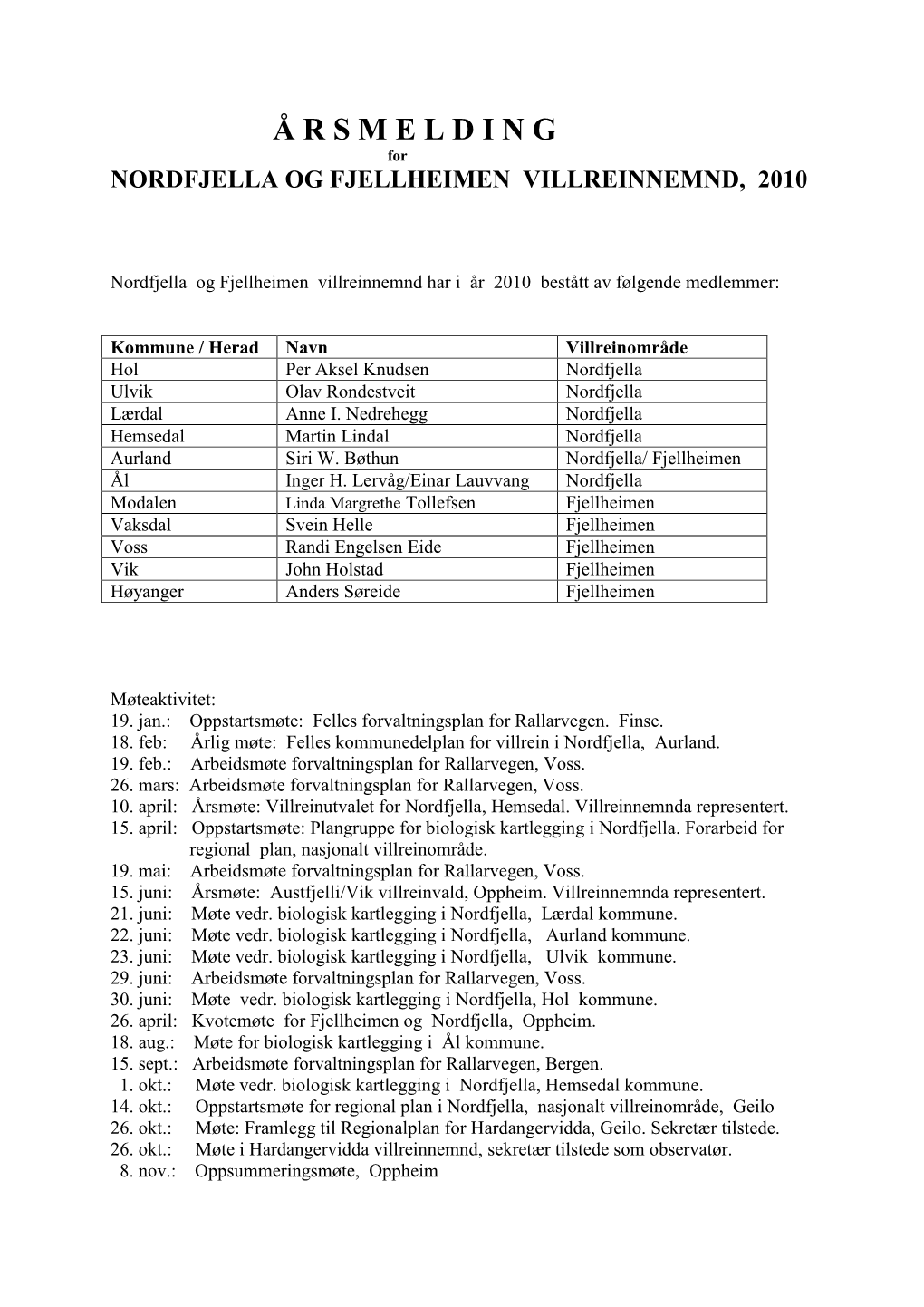 Å R S M E L D I N G for NORDFJELLA OG FJELLHEIMEN VILLREINNEMND, 2010