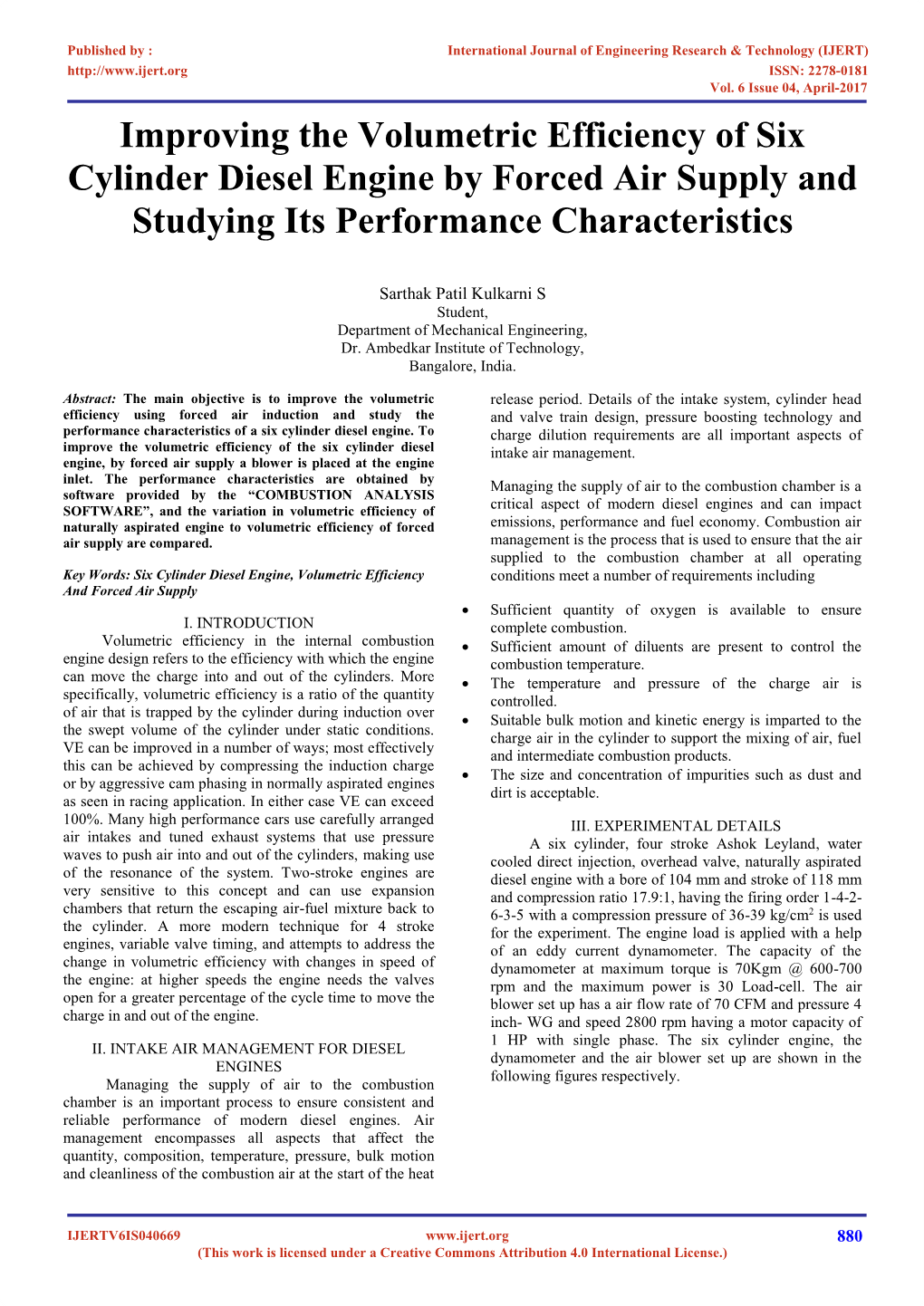 Improving the Volumetric Efficiency of Six Cylinder Diesel Engine by Forced Air Supply and Studying Its Performance Characteristics