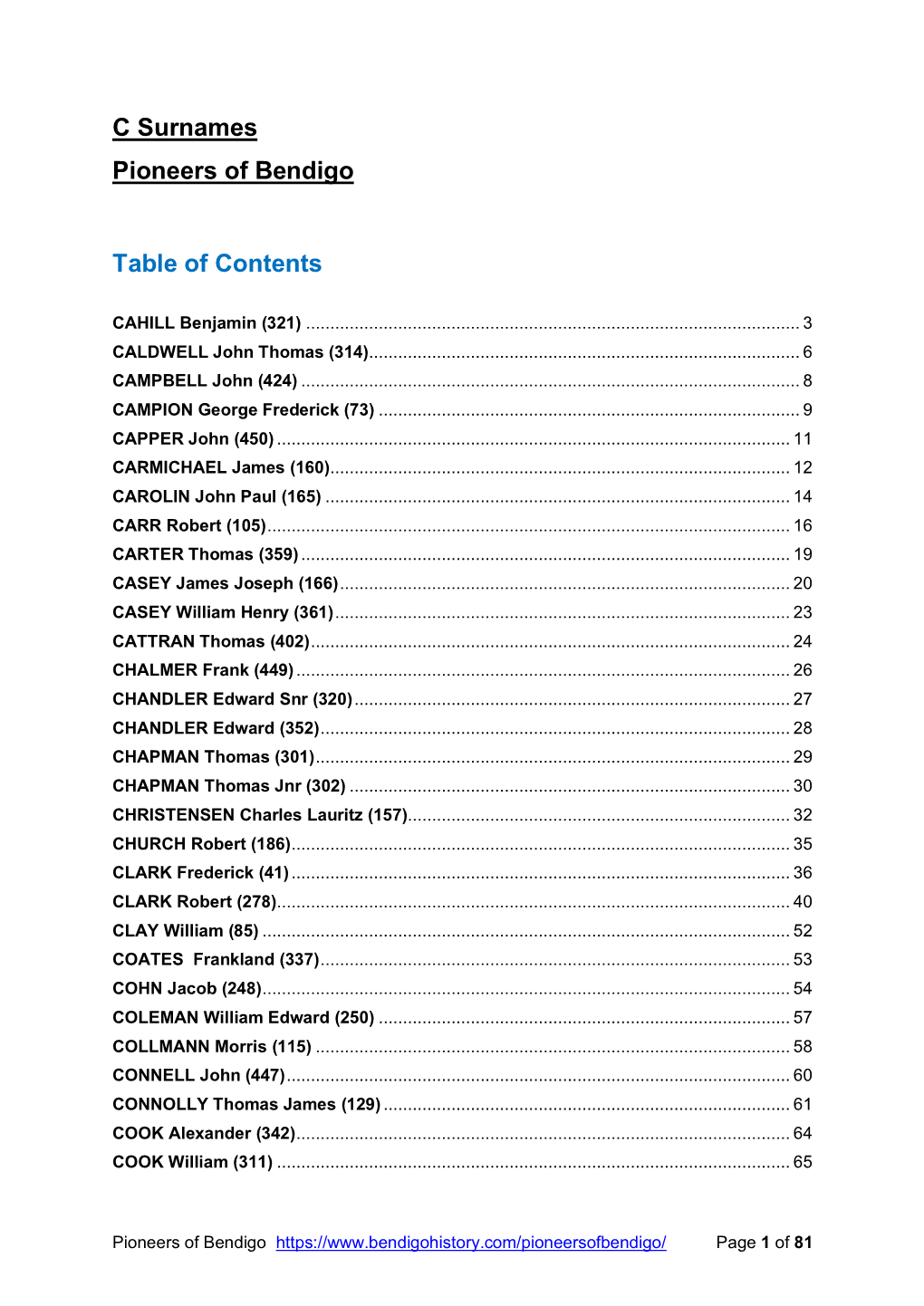 C Surnames Pioneers of Bendigo Table of Contents