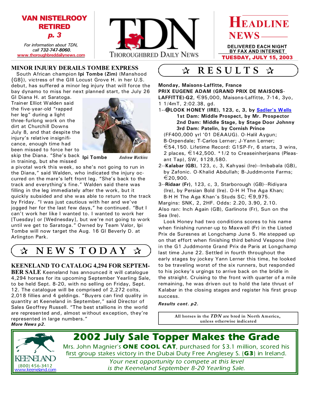 2002 July Sale Topper Makes the Grade HEADLINE NEWS