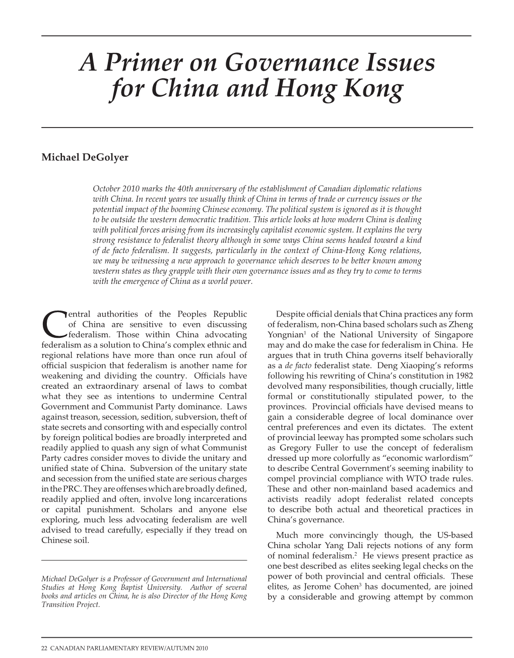 A Primer on Governance Issues for China and Hong Kong