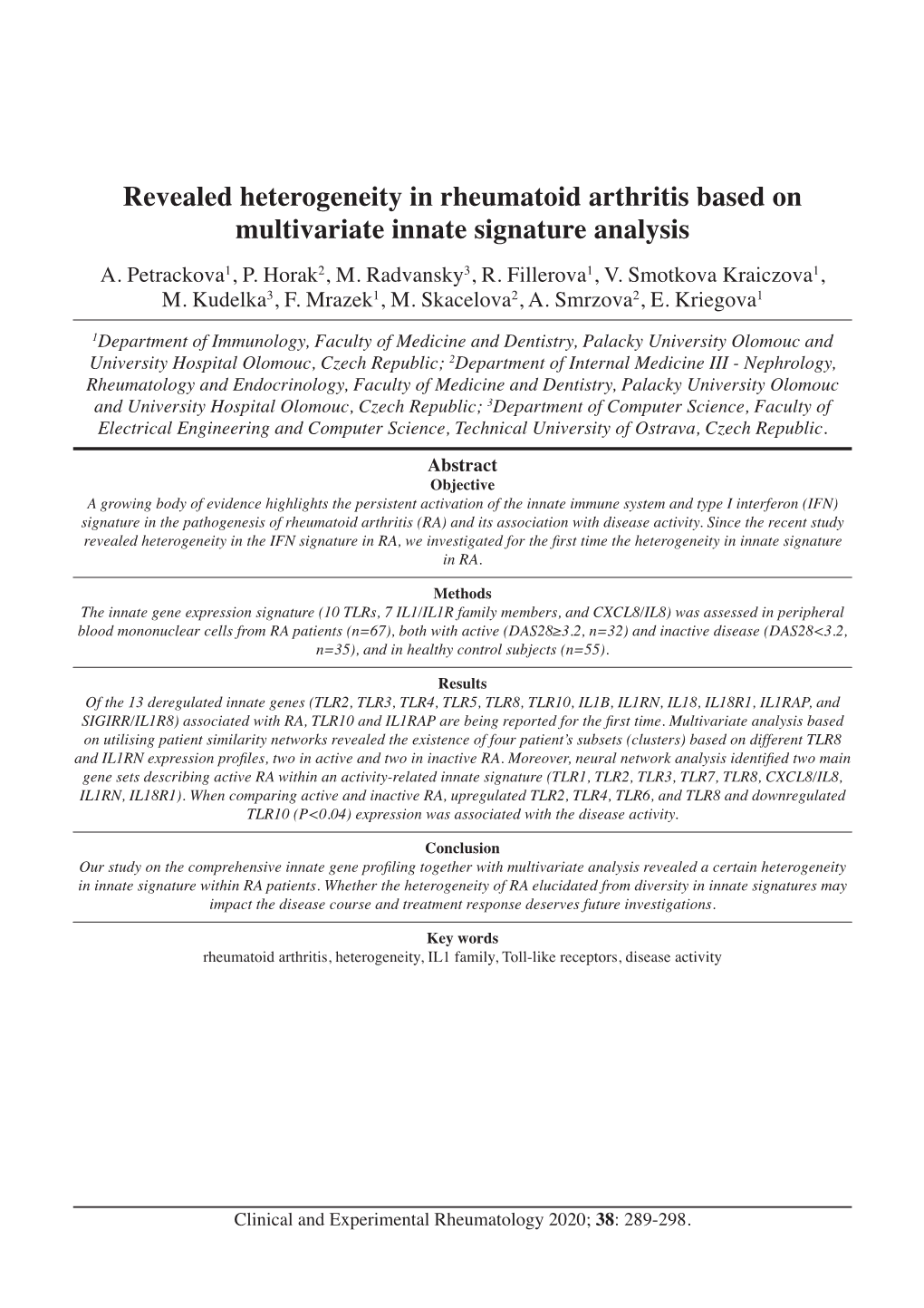 Revealed Heterogeneity in Rheumatoid Arthritis Based on Multivariate Innate Signature Analysis A