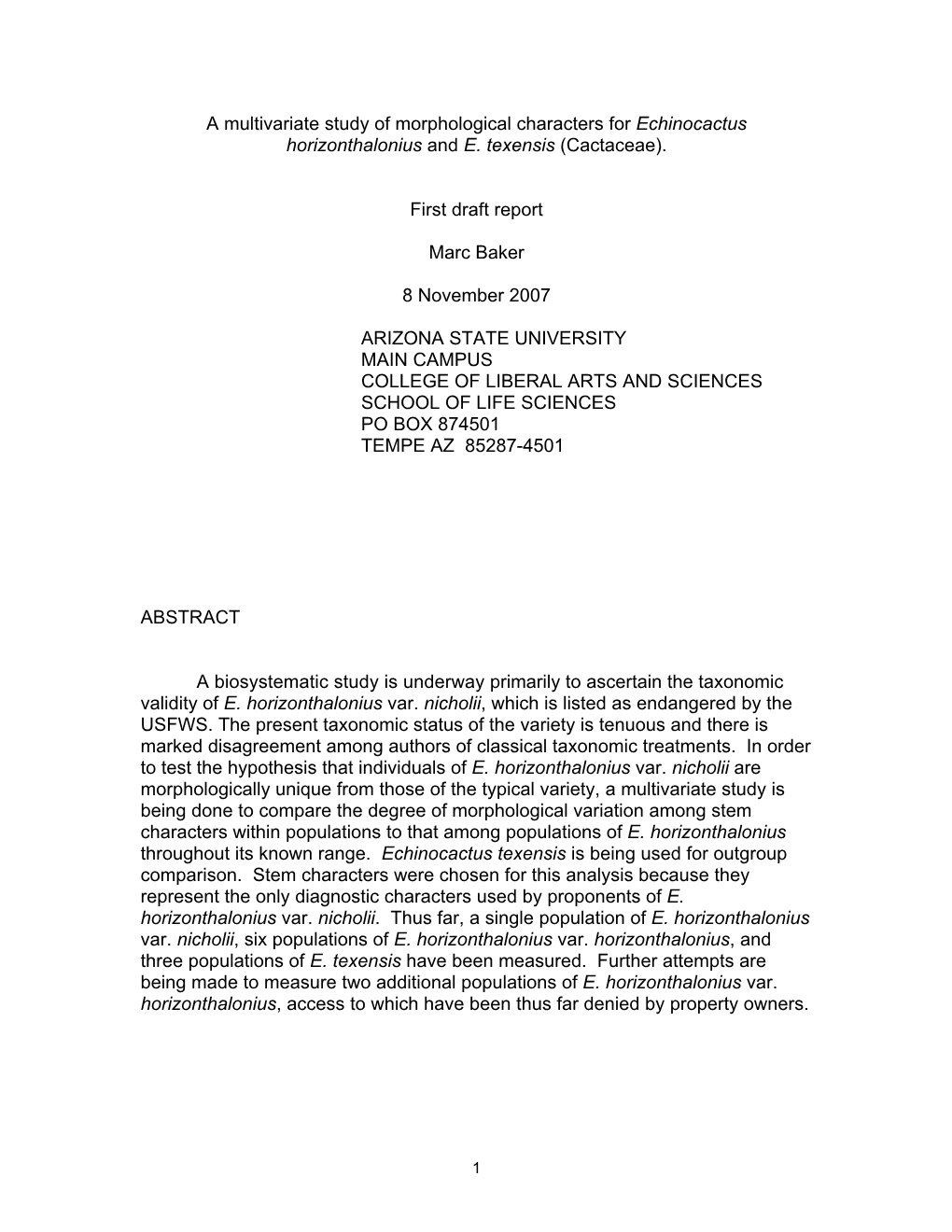 A Multivariate Study of Morphological Characters for Echinocactus Horizonthalonius and E. Texensis (Cactaceae). First Draft Repo