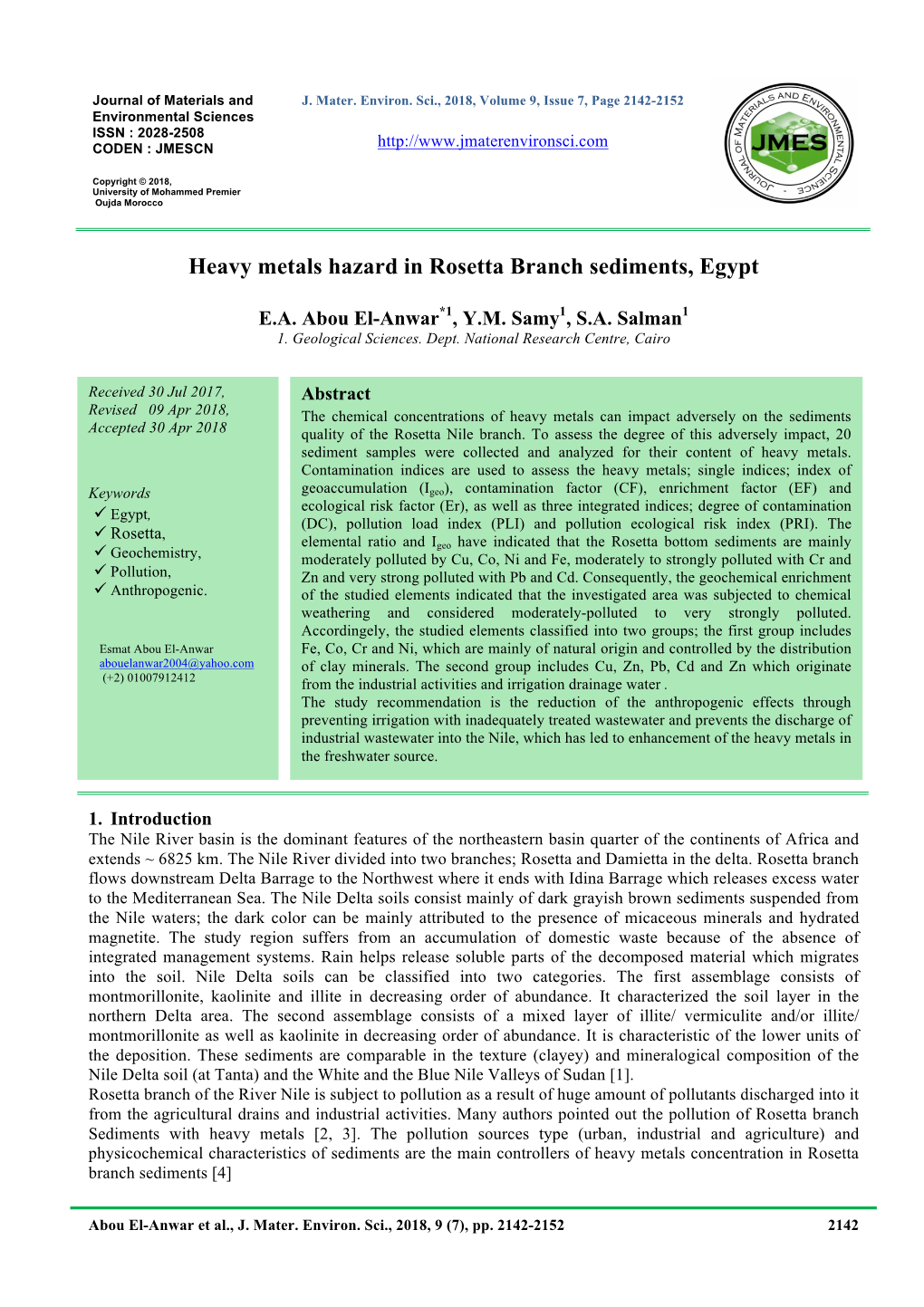 Heavy Metals Hazard in Rosetta Branch Sediments, Egypt