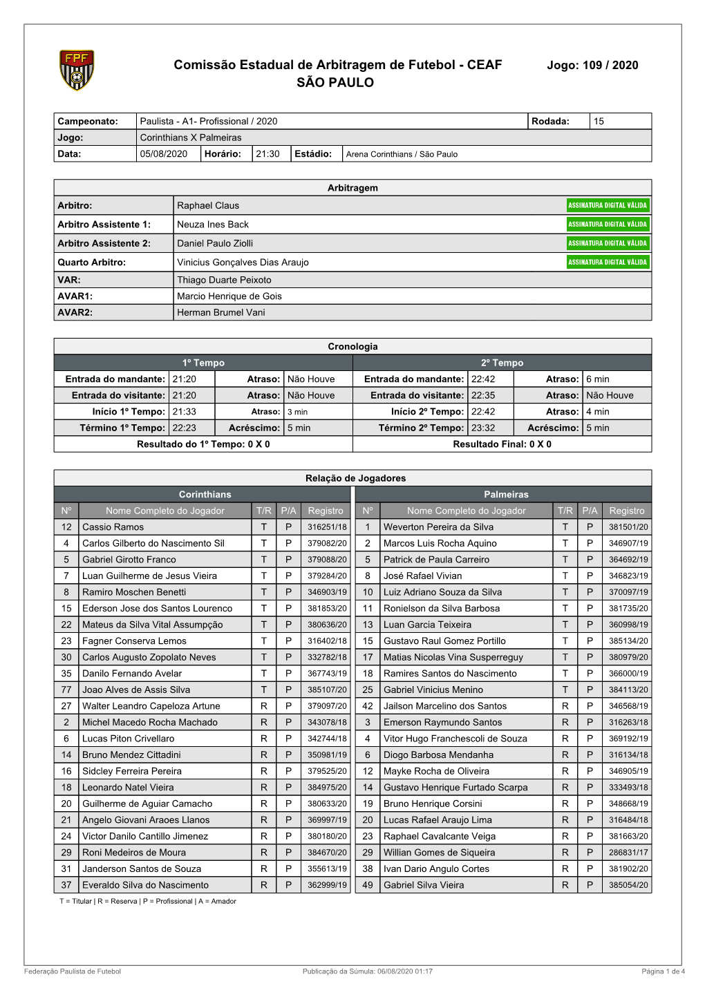 Comissão Estadual De Arbitragem De Futebol - CEAF Jogo: 109 / 2020 SÃO PAULO