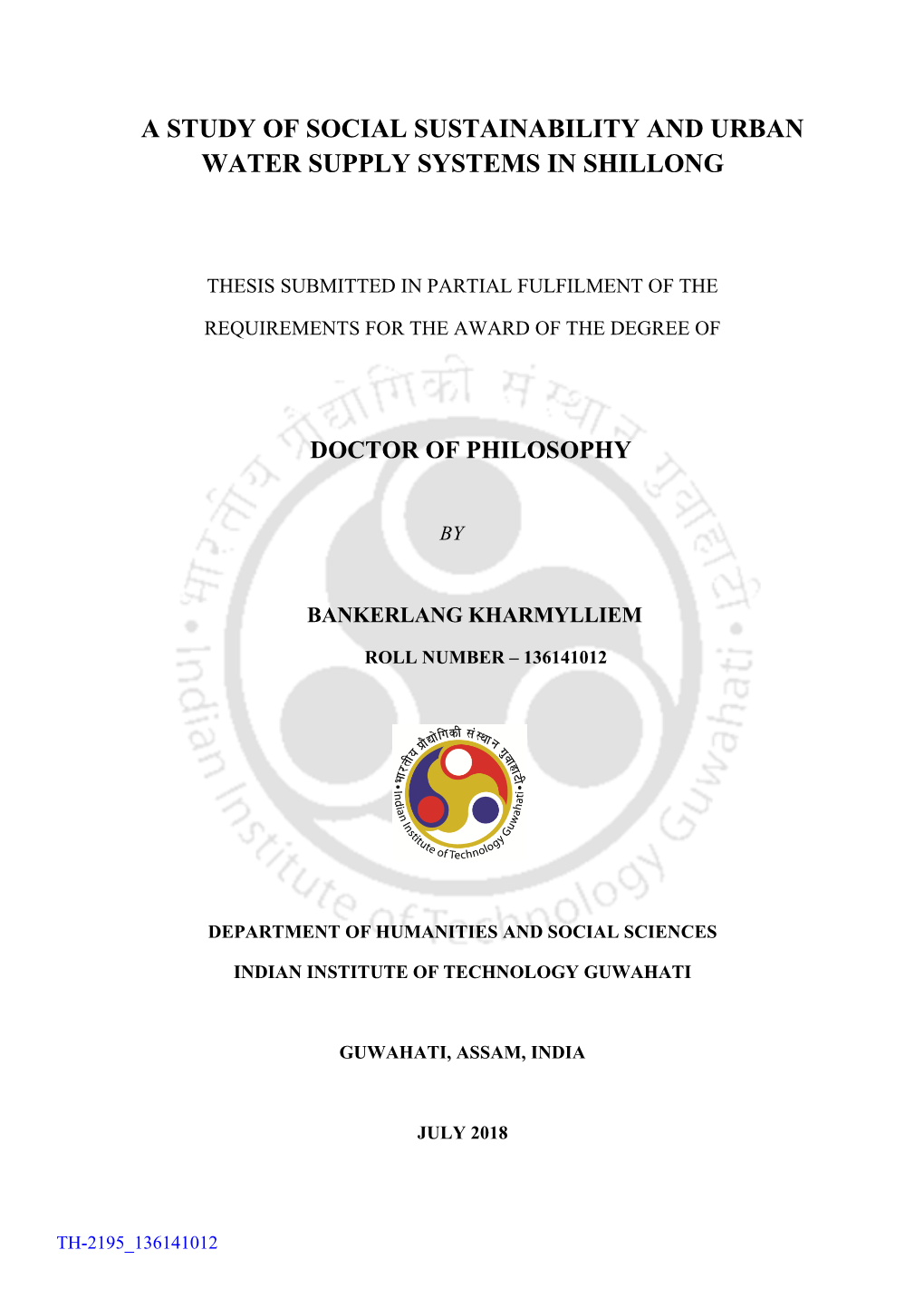 A Study of Social Sustainability and Urban Water Supply Systems in Shillong