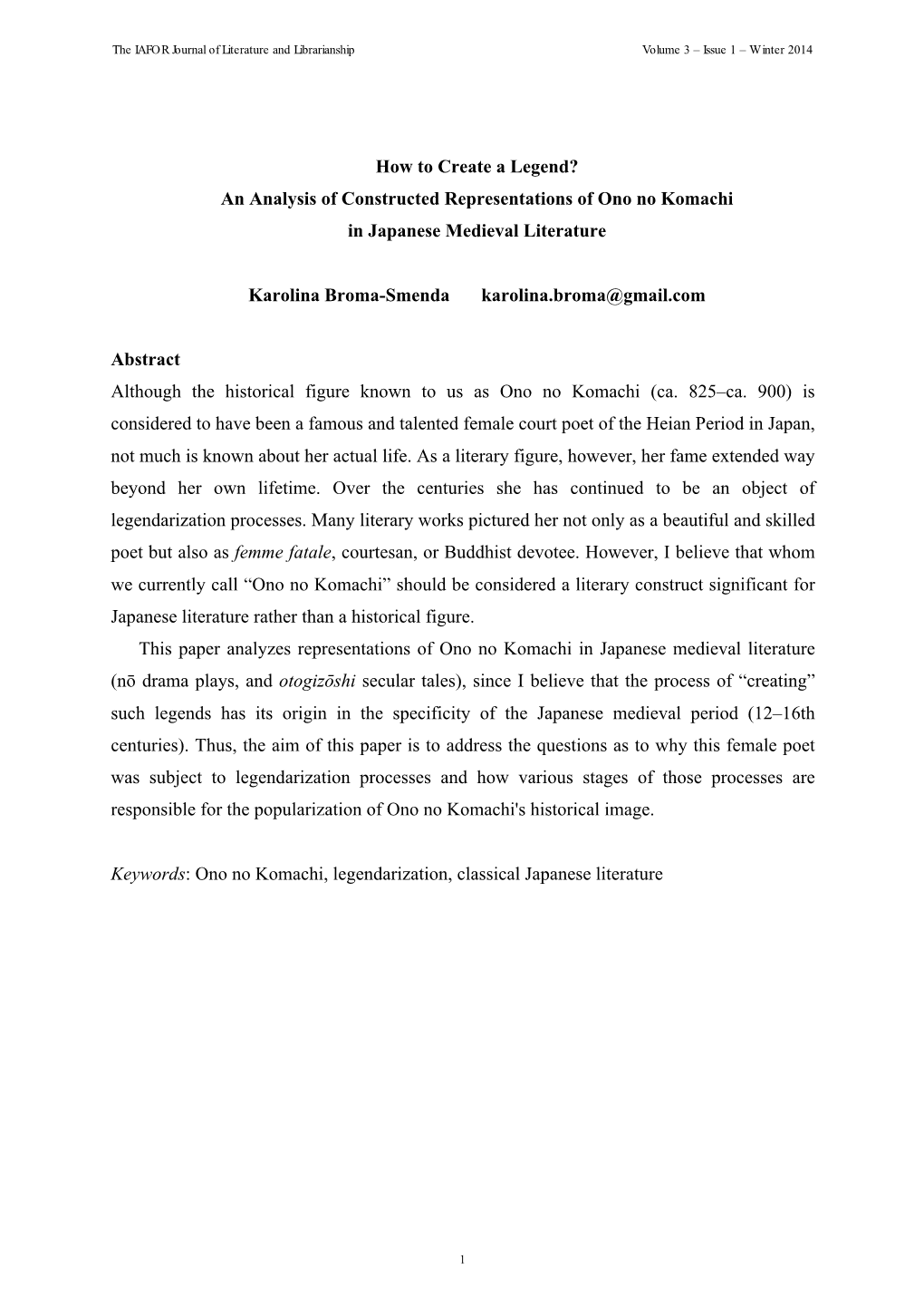 How to Create a Legend? an Analysis of Constructed Representations of Ono No Komachi in Japanese Medieval Literature