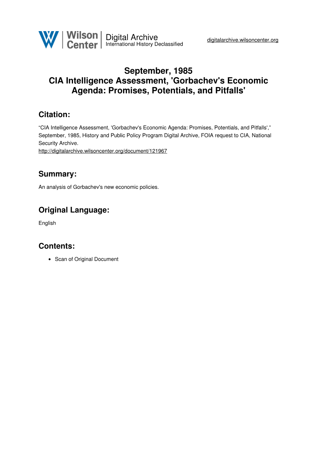 September, 1985 CIA Intelligence Assessment, 'Gorbachev's Economic Agenda: Promises, Potentials, and Pitfalls'