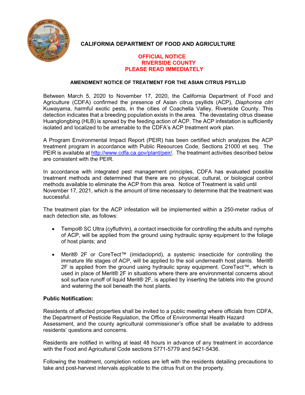 Amendment Notice of Treatment for the Asian Citrus Psyllid