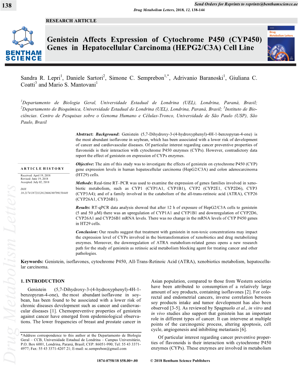 Drug Metabolism Letters, 2018, 12, 138-144