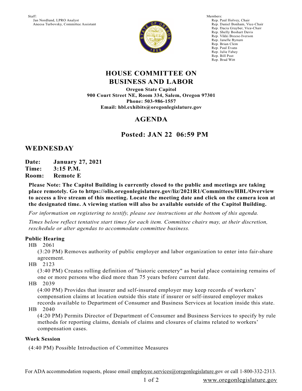 HOUSE COMMITTEE on BUSINESS and LABOR AGENDA Posted: JAN