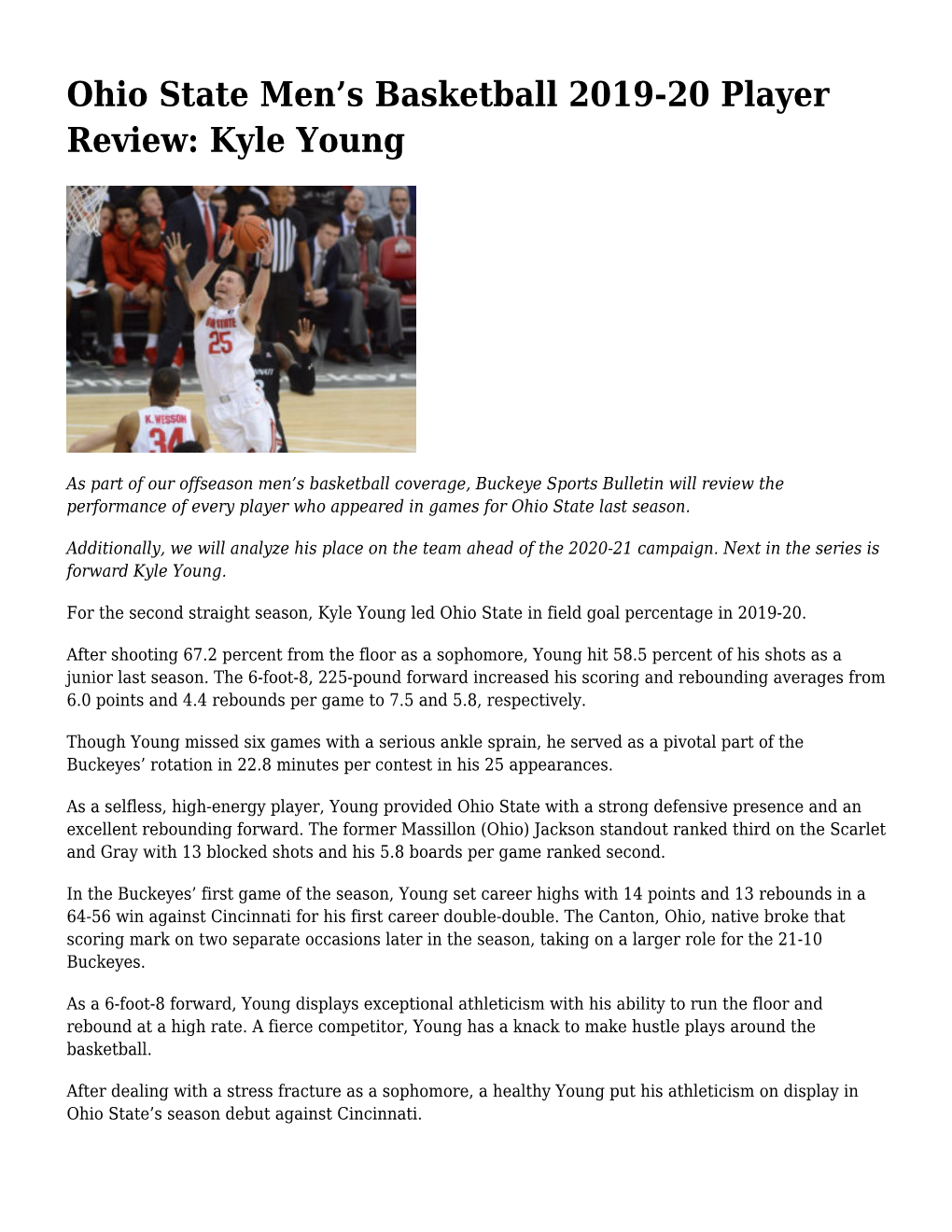 Ohio State Men's Basketball 2019-20 Player Review: Kyle Young