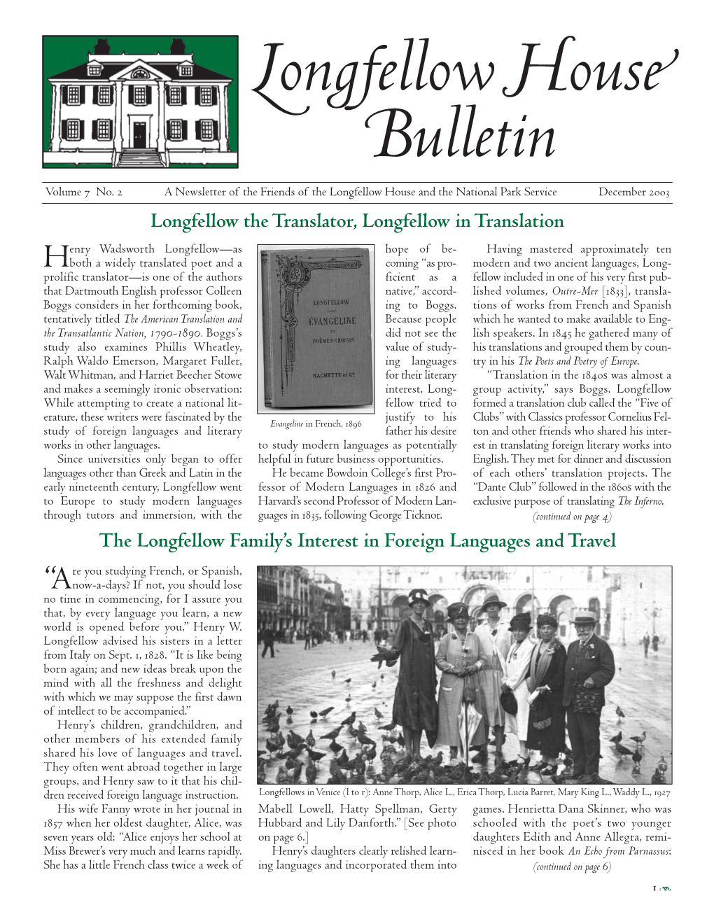 Longfellow House Bulletin, Vol. 7, No. 2, December 2003