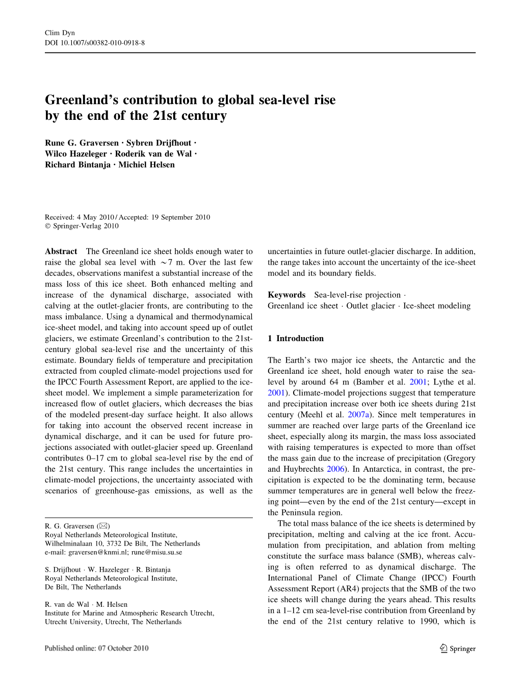 Greenland's Contribution to Global Sea-Level Rise by the End of the 21St Century