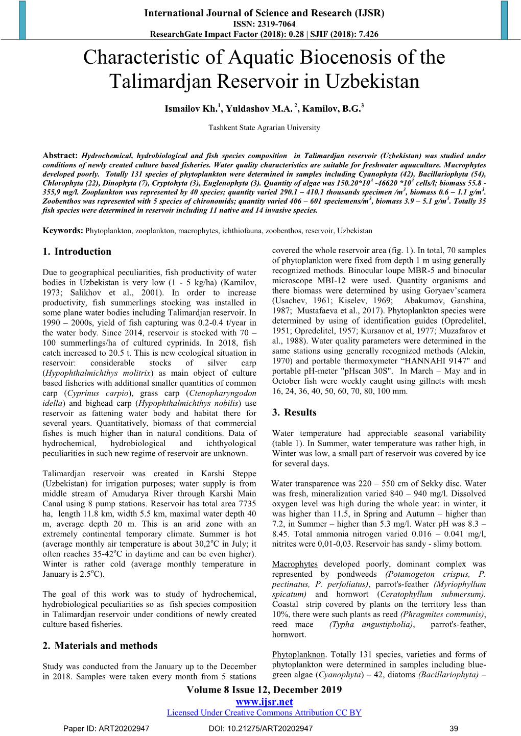 Characteristic of Aquatic Biocenosis of the Talimardjan Reservoir in Uzbekistan