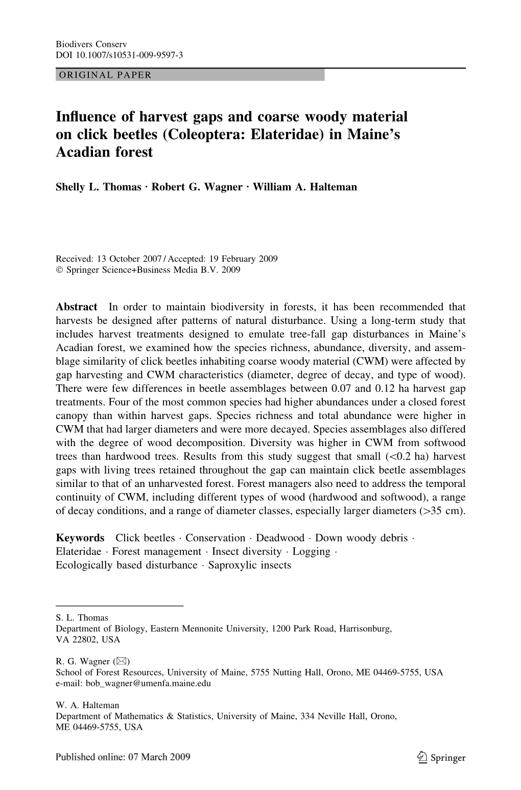 Influence of Harvest Gaps and Coarse Woody Material on Click Beetles