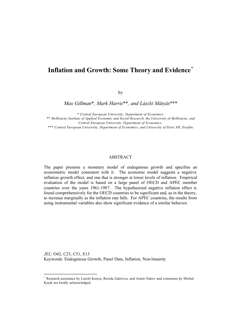 Inflation and Growth: Some Theory and Evidence+